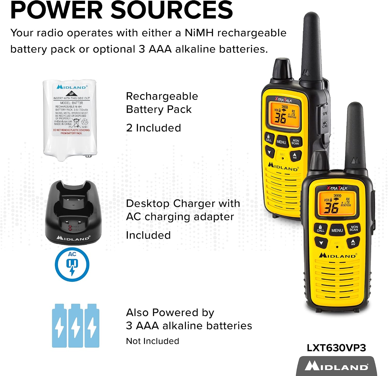 LXT630VP3 FRS License Free Walkie Talkies. Yellow, 2 Pack | Up to 30 Mile Range Walkie Talkie, 36 Channels, 121