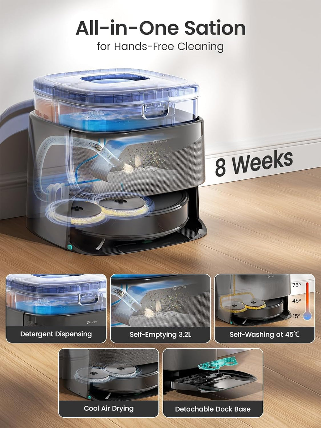 Robot Vacuum and Mop, 20000Pa Suction,Multifunctional Dock with Hot Water Self-Cleaning&Drying, Obstacle