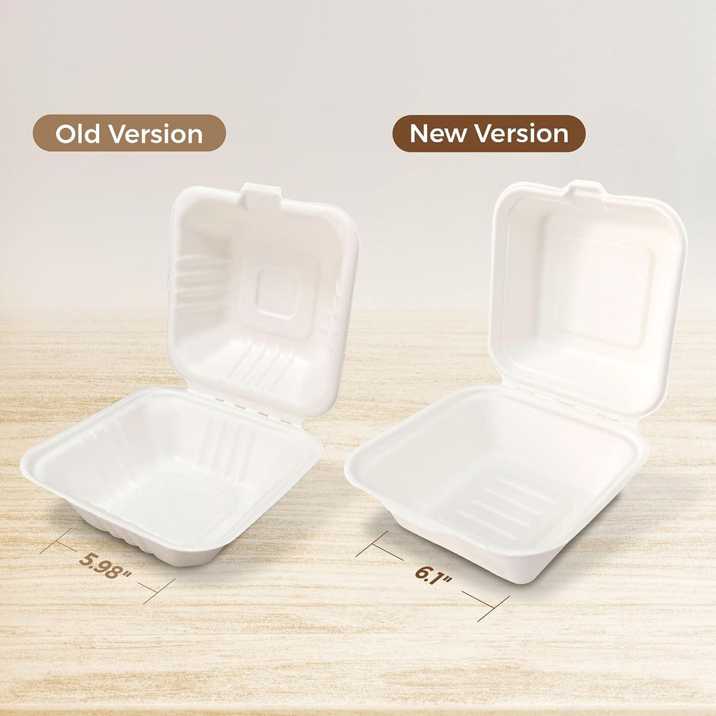6X6 inch Compostable White Clamshell Take Out Food Containers with Lids