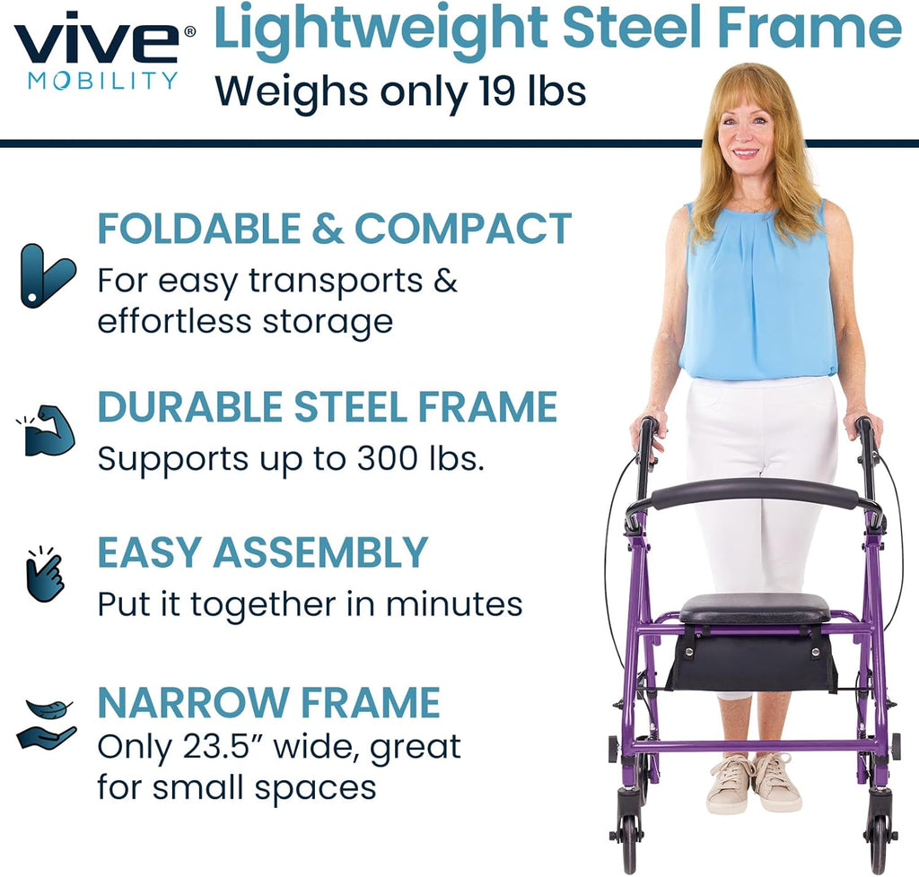 Steel Rollator Walker with Seat - Foldable, Narrow, Rolling Senior Walker for Small Spaces - 4 Wheel Lightweight