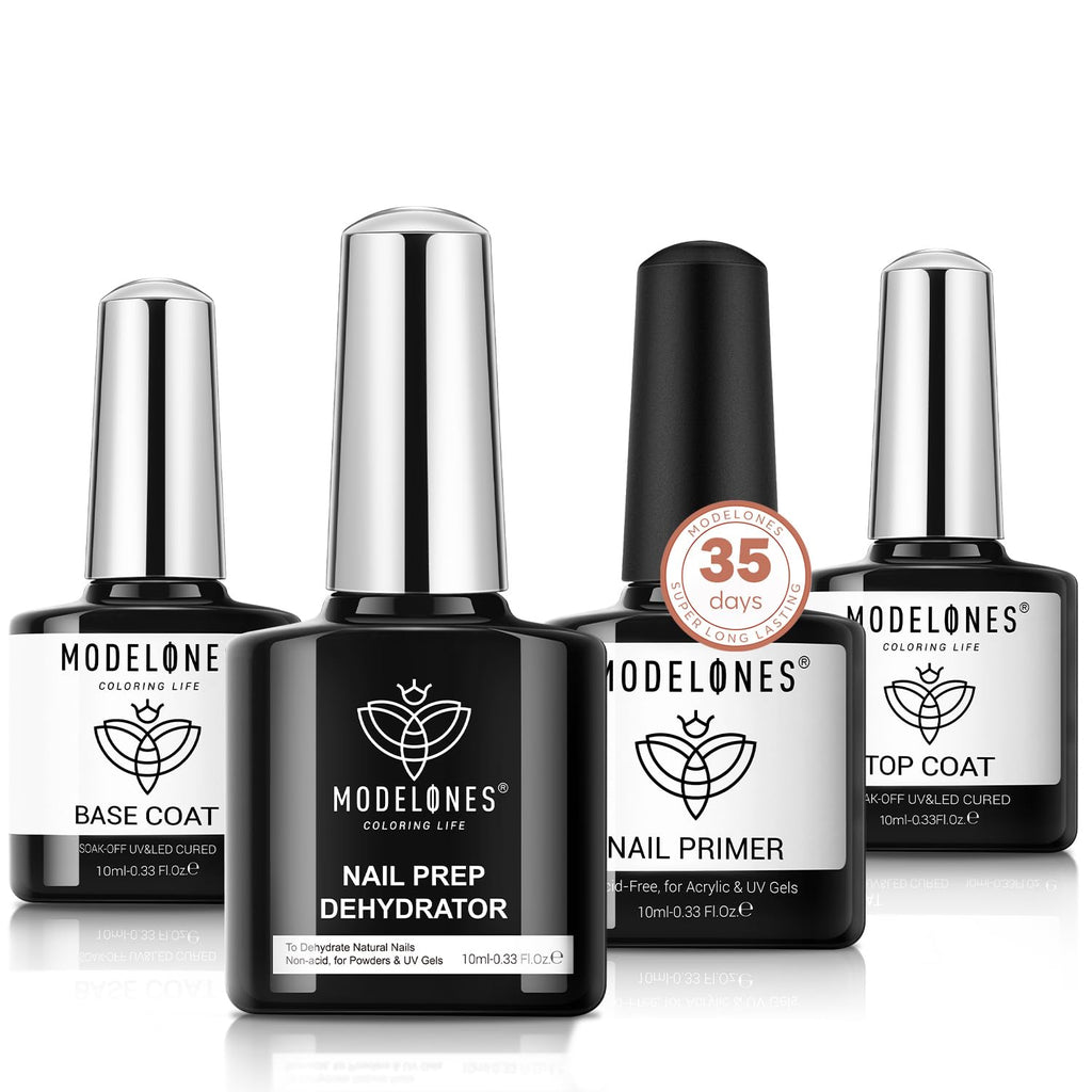 Nail Dehydrator Primer Gel Top Base Coat Set Acid Free | Complete Nail Prep Kit with Adhesion Bonder Glossy Clear Gel