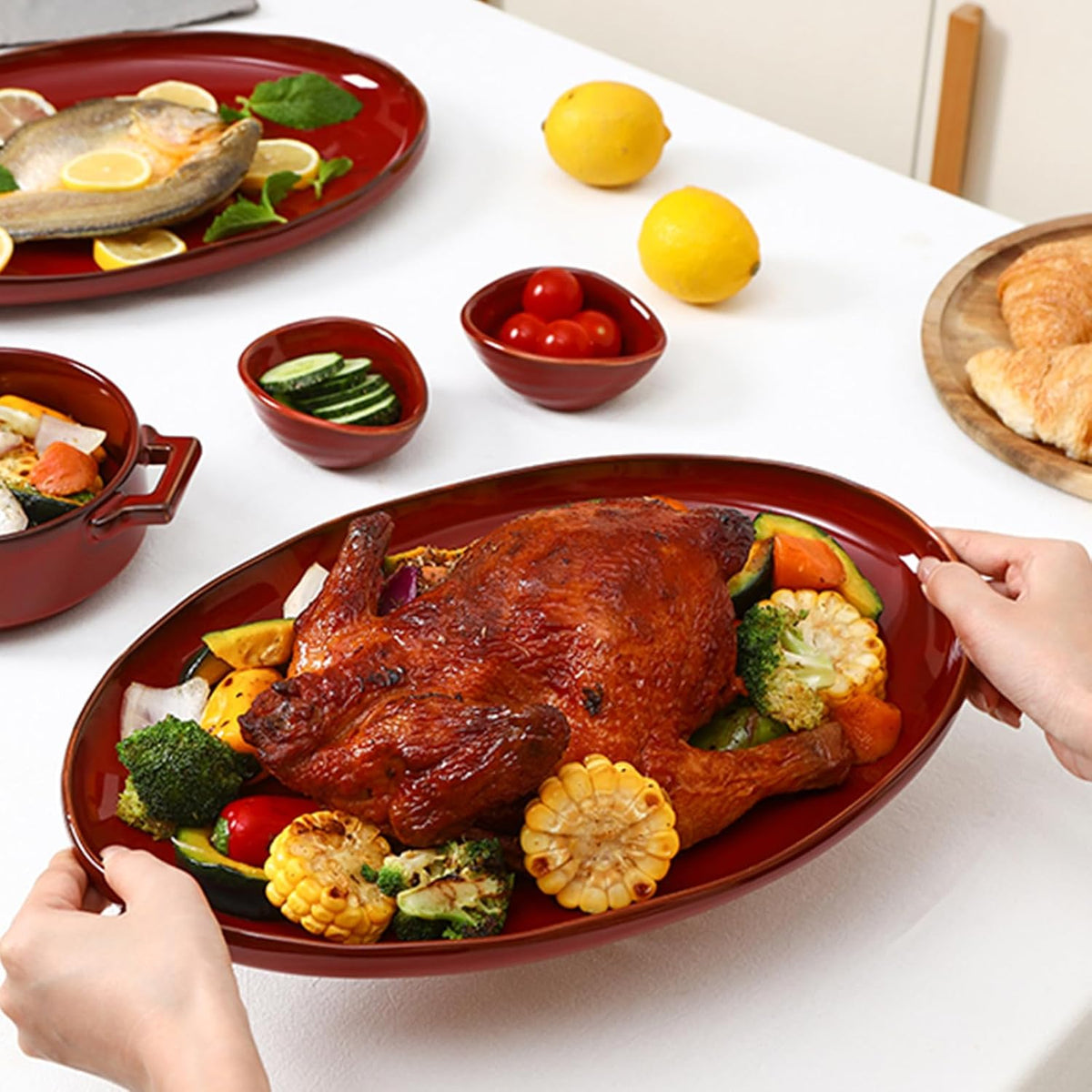 Ceramic Serving Platter Tray - Extra Large Oval 14.5 Inch Porcelain Dinner Plates Long Serving Dish Set - for Party