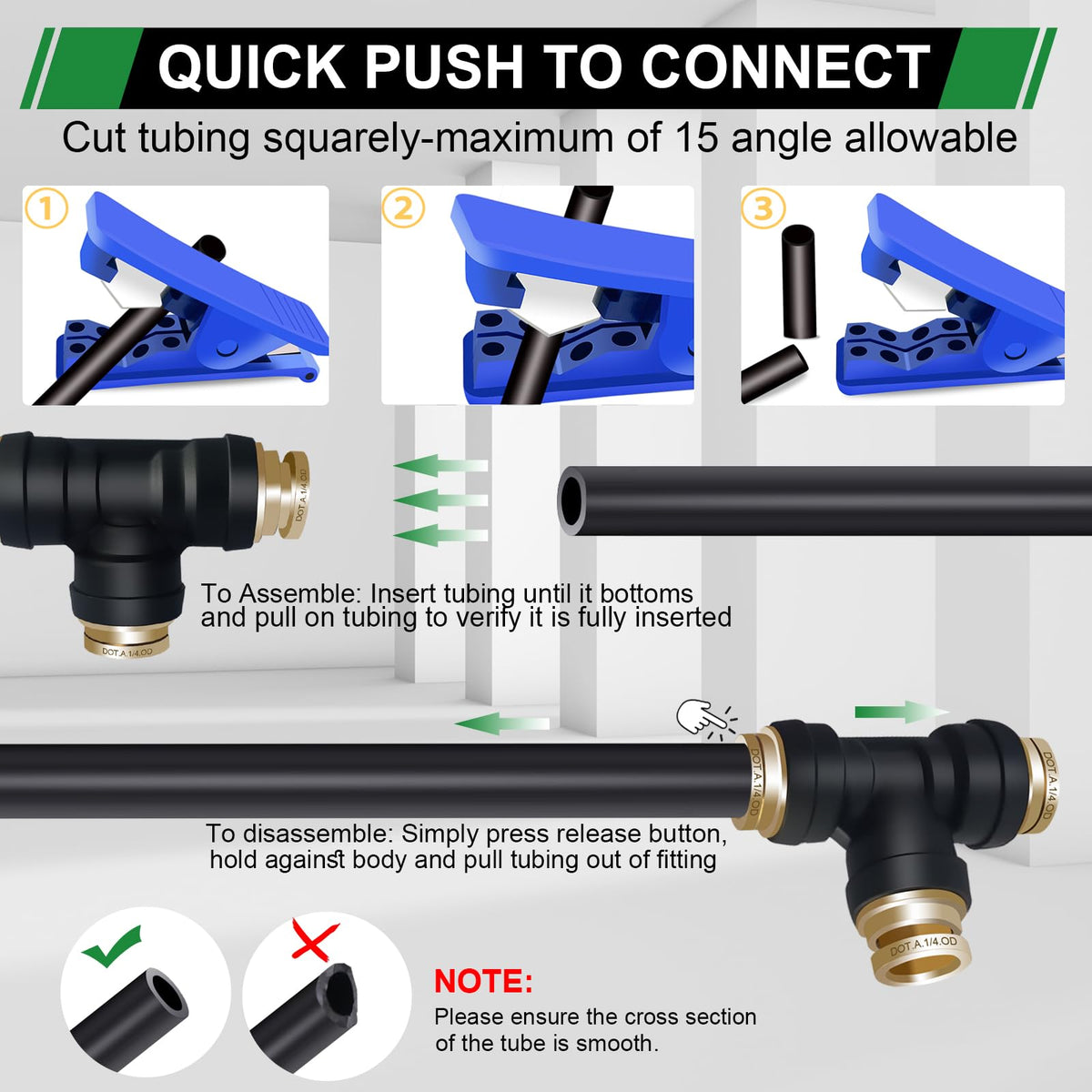 Japtend 1/4" DOT Air Brake Line Tee Fittings 3PCS, Quick Push To Connect