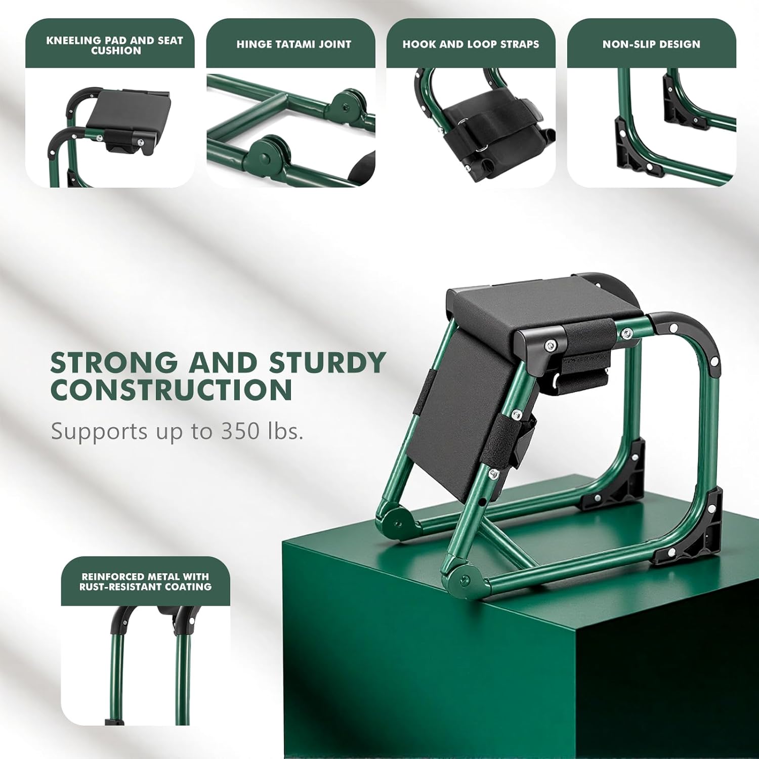 Knee Seat, Foldable Garden Kneeler and Seat, with Adjustable Kneeling Pad and Soft Seat Cushion, Supports Up to 350 LBS