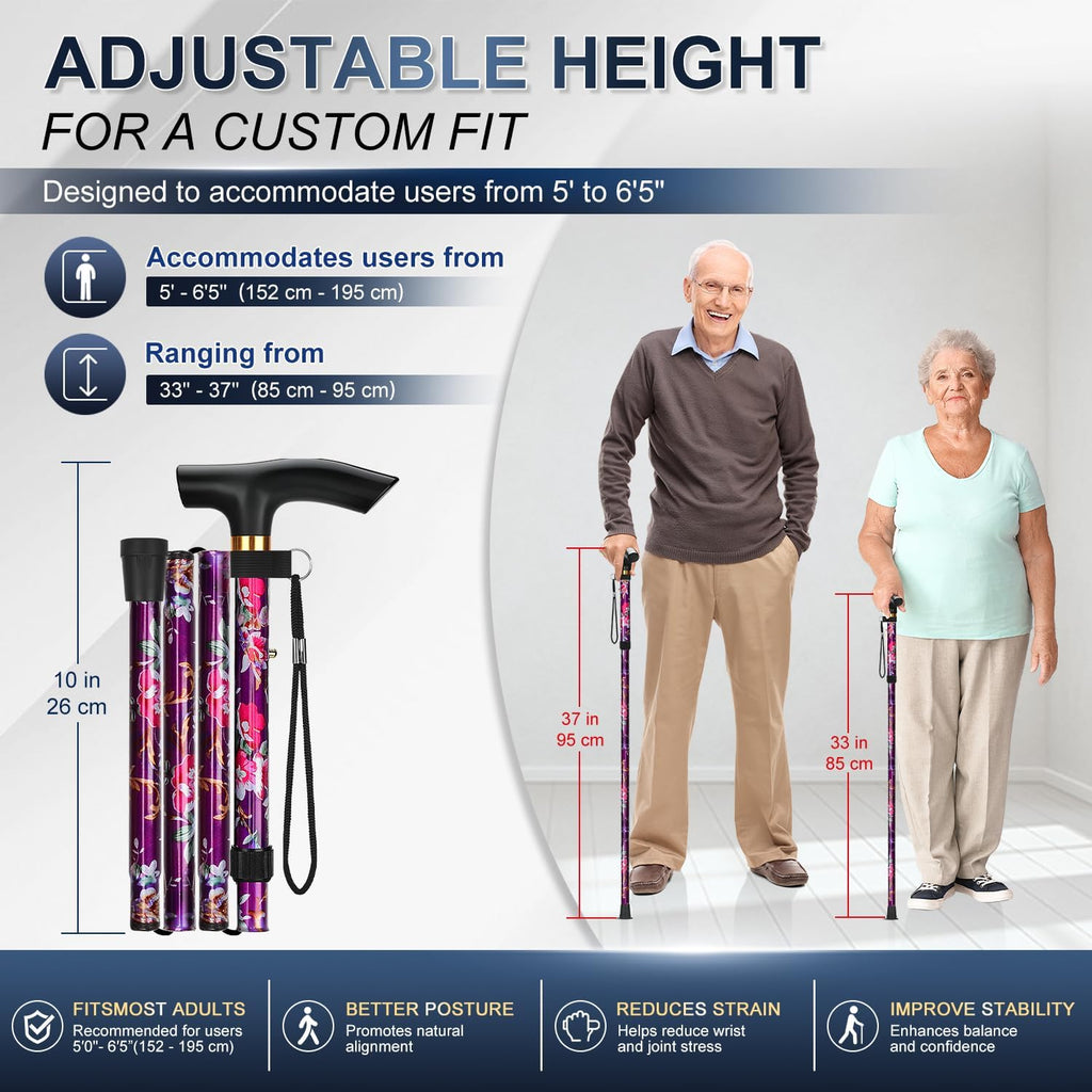 Folding Cane, 5-Level Adjustable Height Walking Stick Lightweight Collapsible Portable Travel Cane with Wrist Strap
