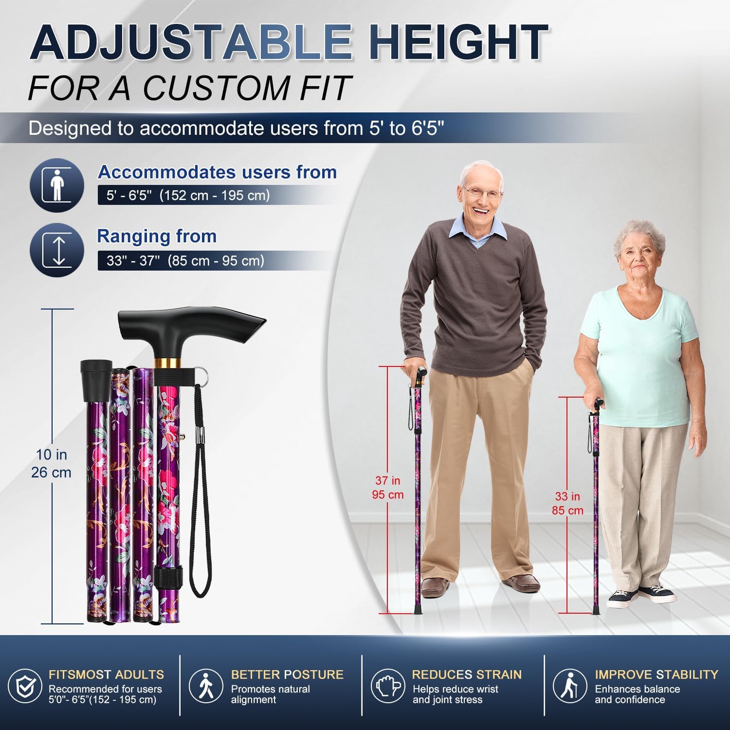 Folding Cane, 5-Level Adjustable Height Walking Stick Lightweight Collapsible Portable Travel Cane with Wrist Strap