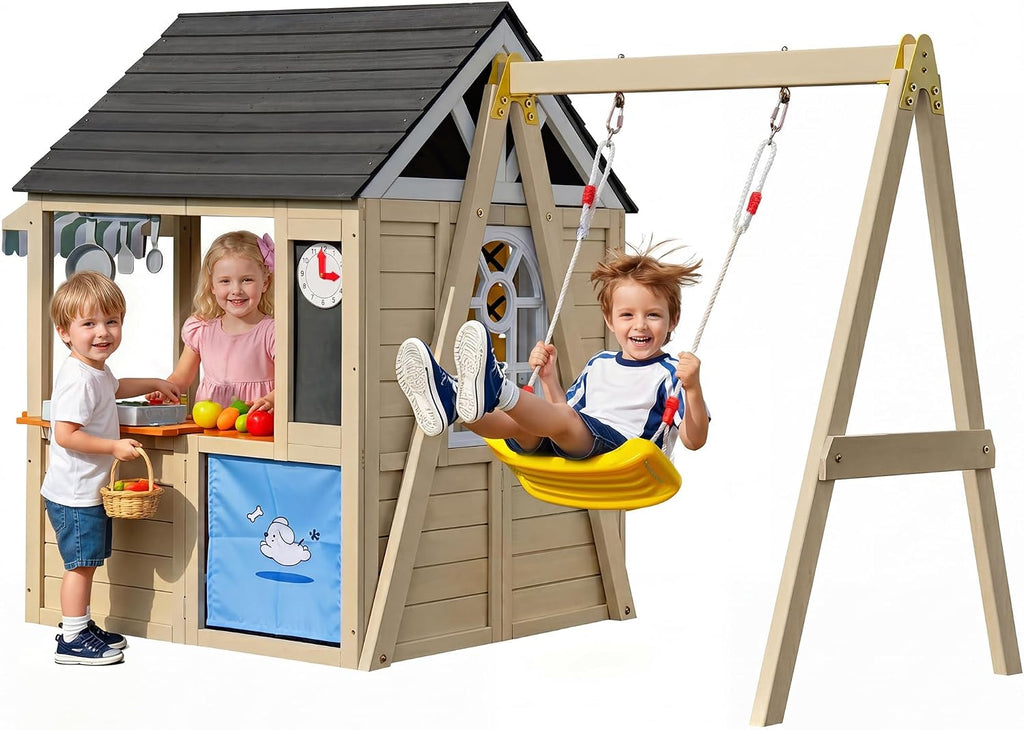 Wooden Playhouse with Swing Set for Kids, Ivory White Cedar Wood Outdoor Playset with Pet Door & Game Board