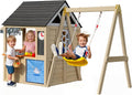 Wooden Playhouse with Swing Set for Kids, Ivory White Cedar Wood Outdoor Playset with Pet Door & Game Board
