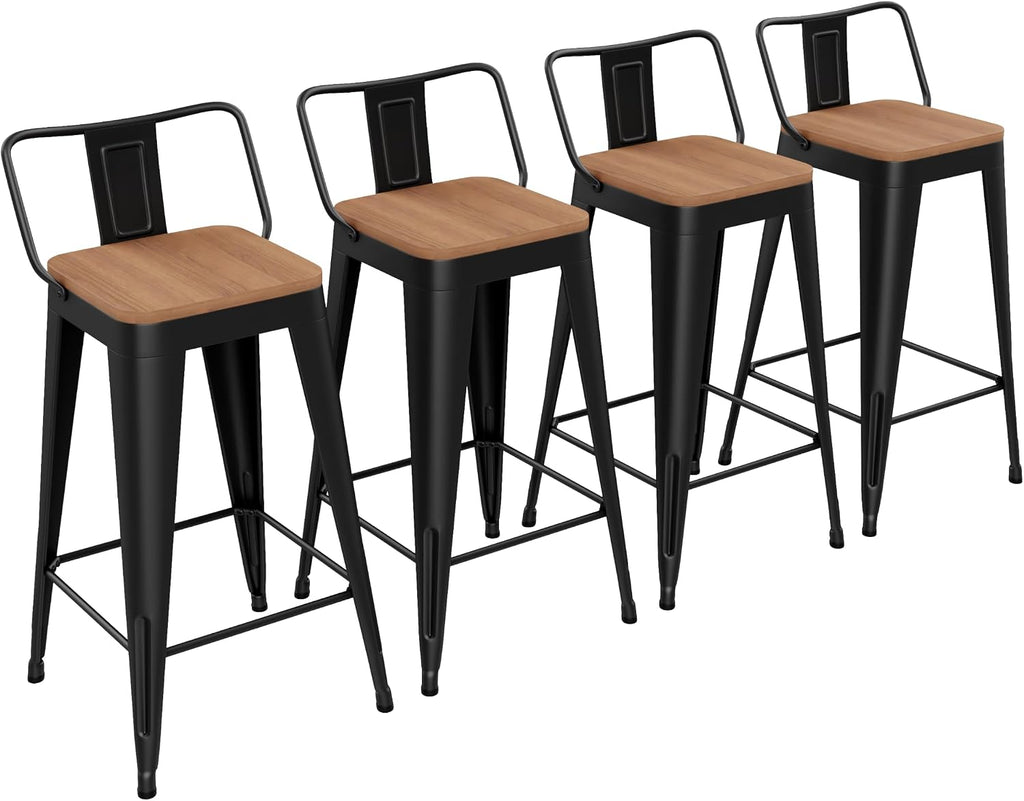 Metal Bar Stools Set of 4, 30" Black Bar Height Stools with Back