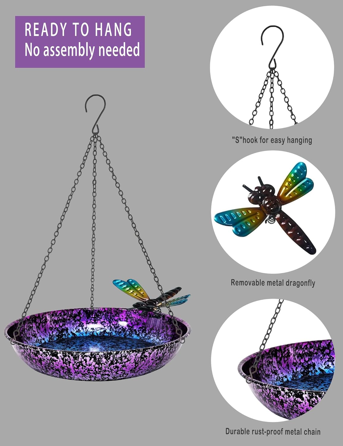 Hanging Bird Bath & Feeder, 11" Metallic Purple/Blue Metal Birdbath Bowl