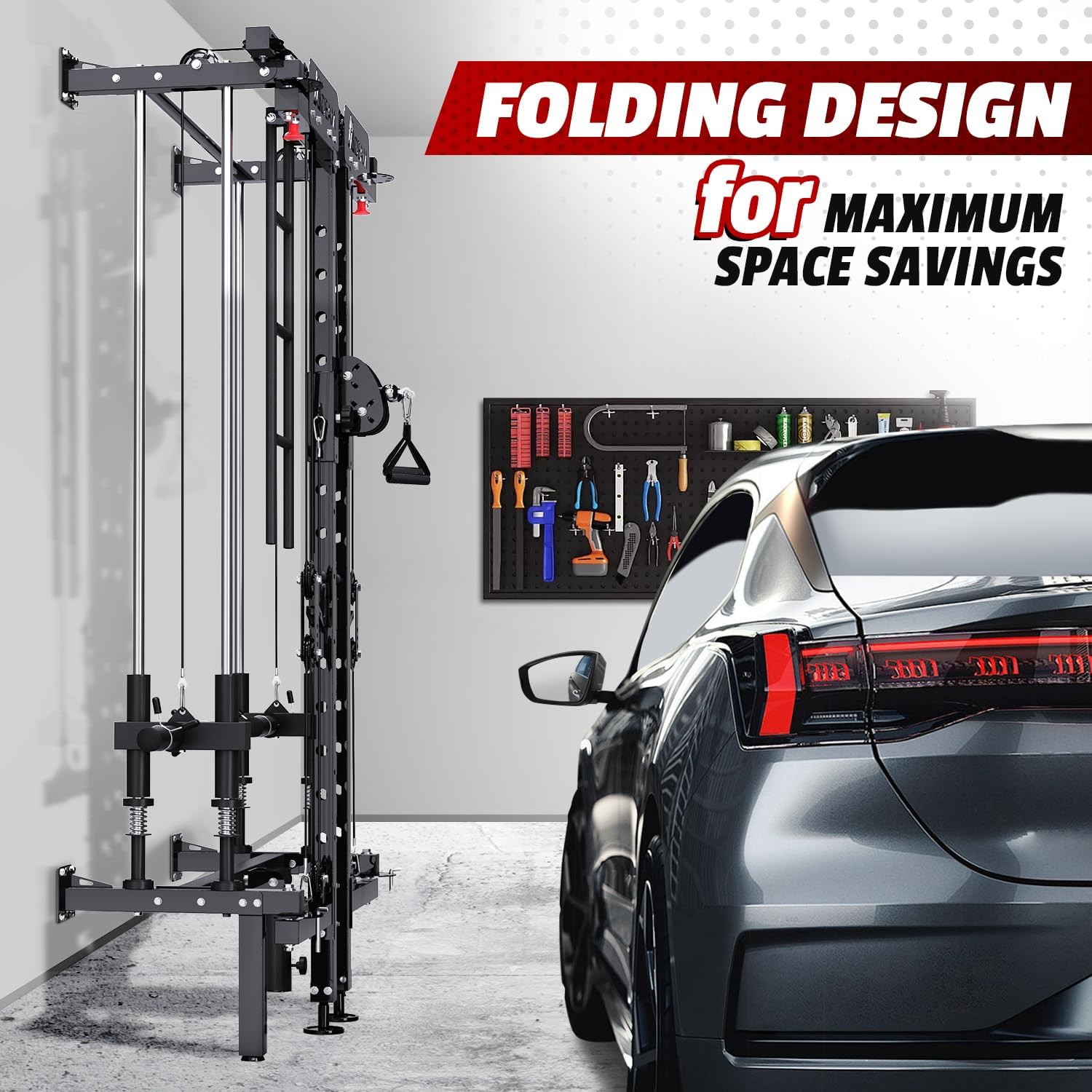 Folding Squat Rack, Wall Mounted Power Rack with Dual Pulley System | Space Saving, All-in-one Trainer, with Cable