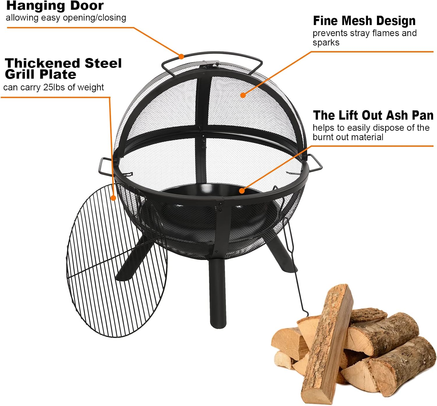 Ball of Fire Pit fire Ball with BBQ Grill fire Globe Pit Large Round fire Pit,Patio Fire Pit Fireplace for Camping