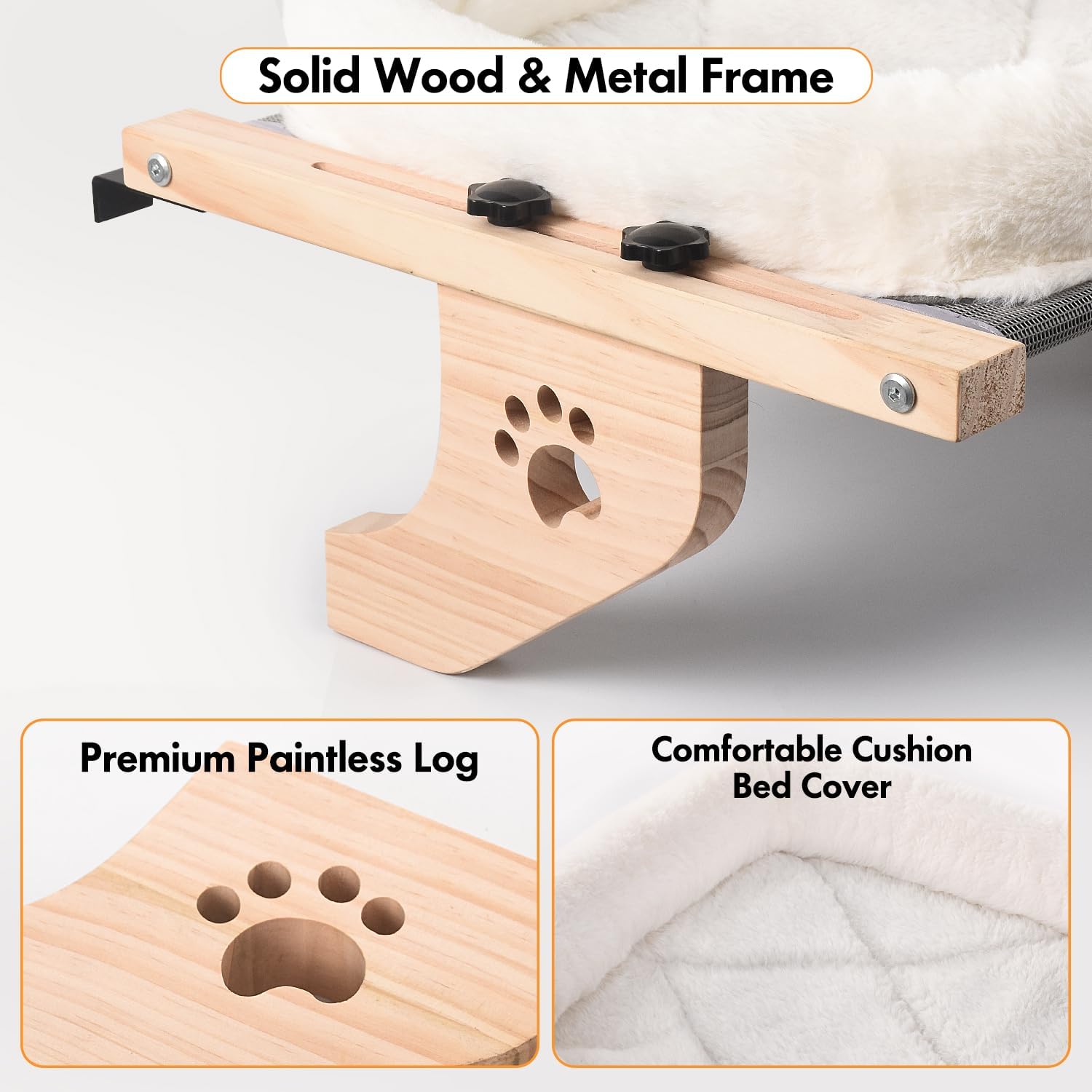 Cat Sill Window Perch Sturdy Hammock Window Seat with Cushion Bed Cover, Wood & Metal Frame for Large Cats, Easy to