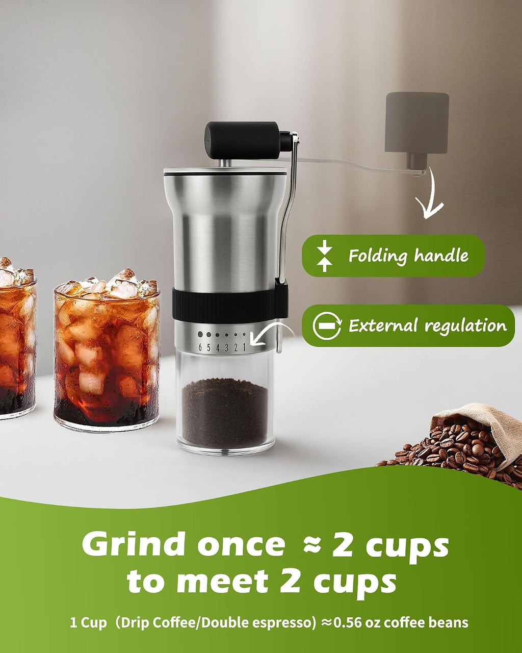 Manual Coffee Grinder with Stainless Steel Burr - 1.12oz Capacity Handheld Mill for Espresso, Drip, Cold Brew with 6