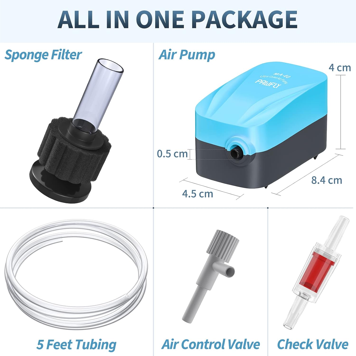 Aquarium Air Pump with Nano Bio Sponge Filter Kit Air Control Valve Airline Tubing and Check Valve Accessories