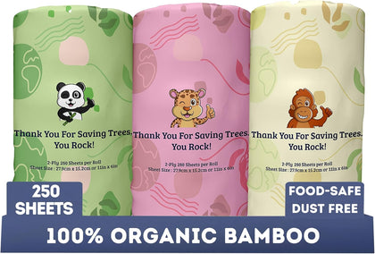 Bamboo Paper Towels 2 Ply, 3 Mega Rolls x 250 Sheets, 750 Sheets Total, Tree Free Kitchen Paper Towel Rolls, Low Lint