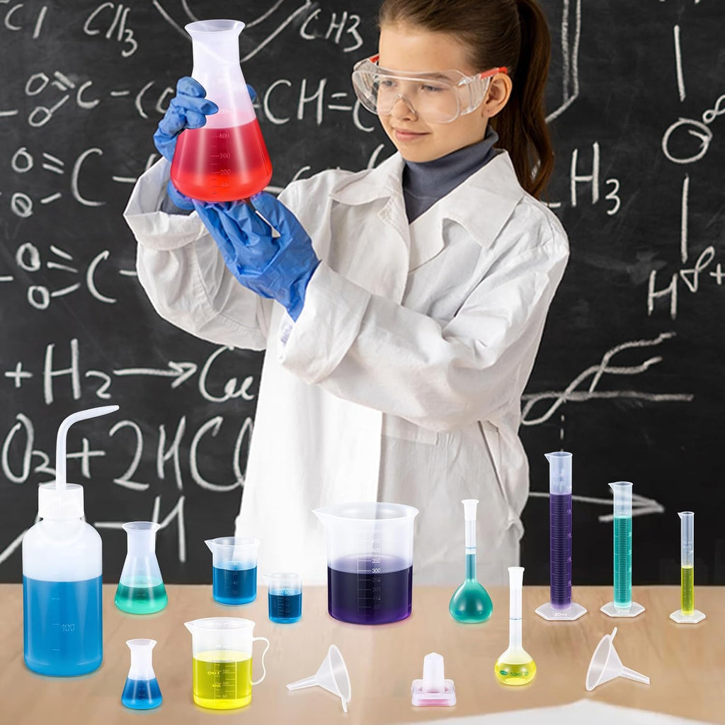 58 Pcs Plastic Beakers Set Include 6 Graduated Cylinder 7 Beakers 6 Flask 10 Droppers 1 Wash Bottle 20 Test Tubes