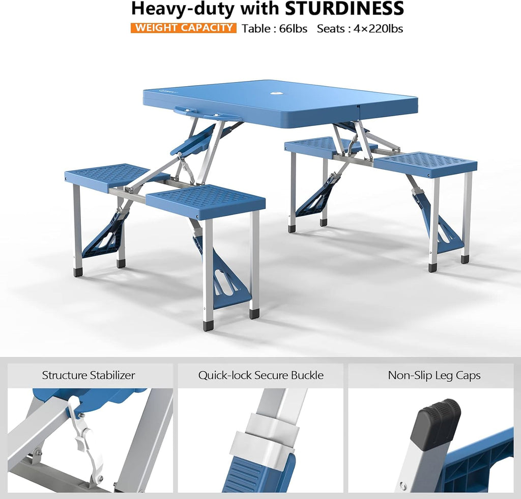 4 Ft Camping Picnic Table Set with 4 Seats with Umbrella Hole Folding Lightweight Suitcase Card Table-220 Lbs Support