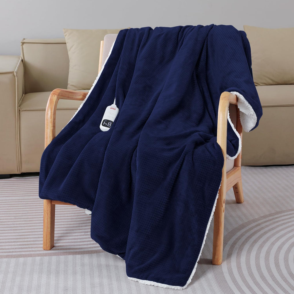 Waffle Fleece Heated Blanket King Size, Dual Control, Navy
