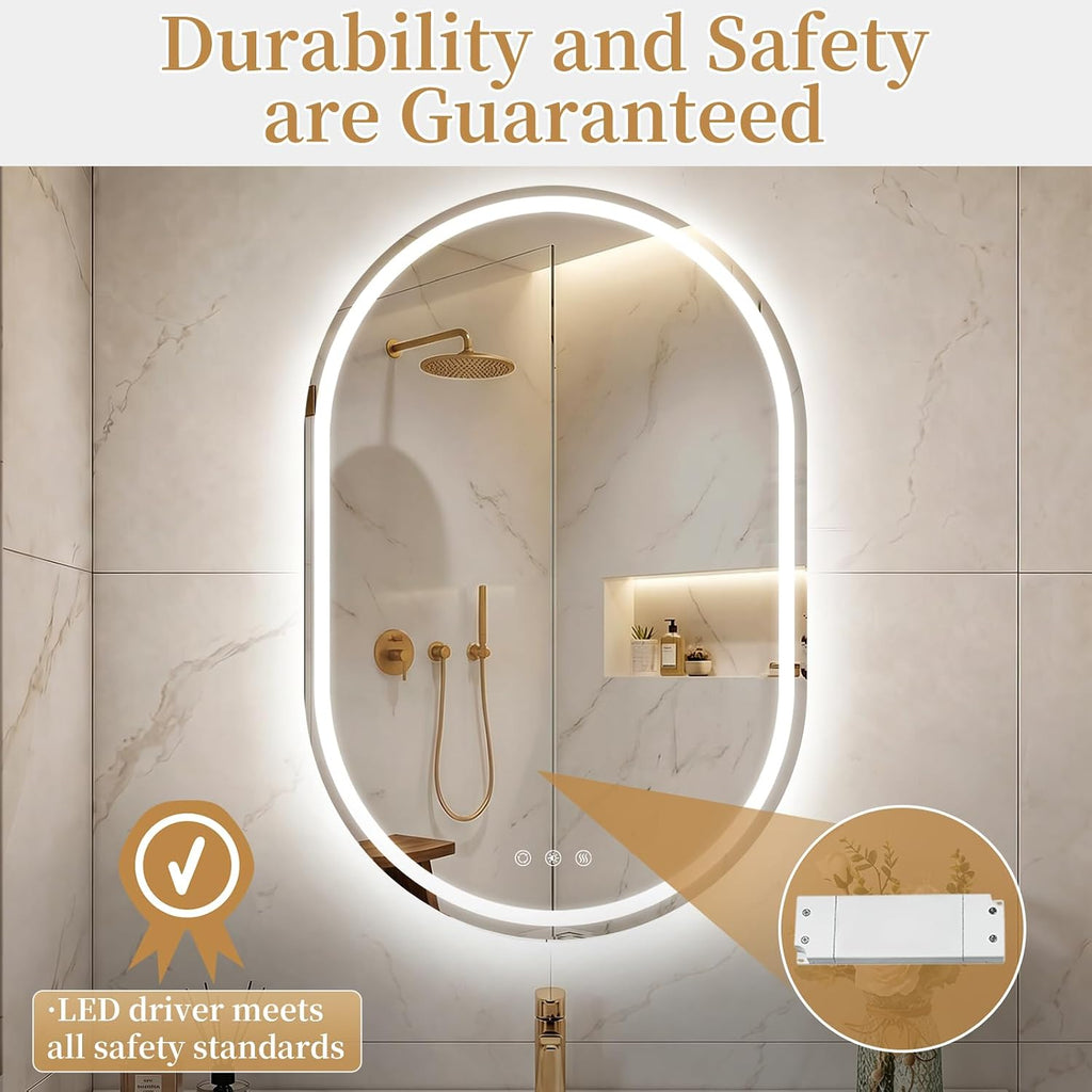 24x36'' Oval LED Lighted Bathroom Mirror with Lights | Frameless, Fogless, Dimmable, Shatterproof, Touch Sensor, 3