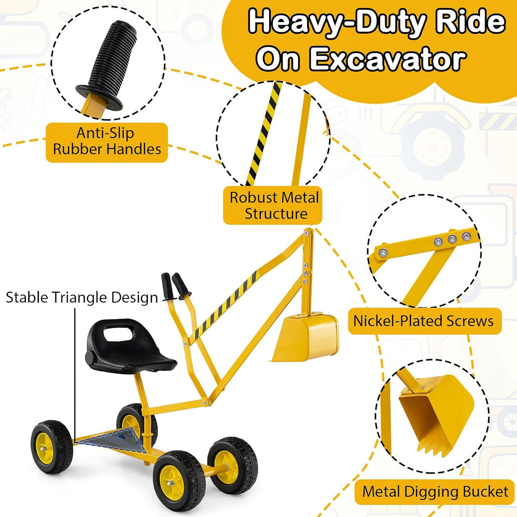 Kids Ride On Digger, 360° Seat Rotatable Excavator Crane Toy for Sand, Dirt, Snow, Heavy Duty Steel Beach Sandbox Sit