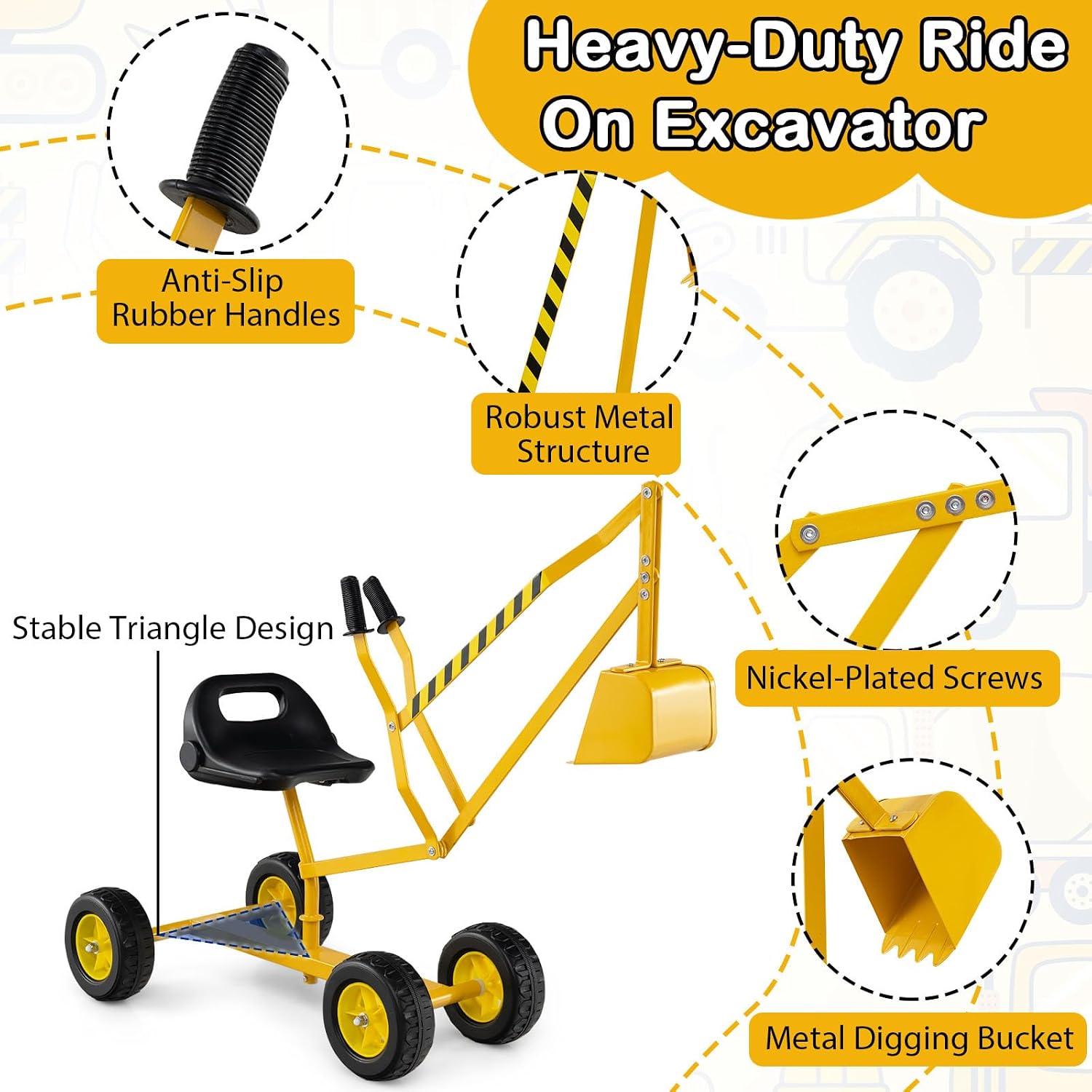 Kids Ride On Digger, 360° Seat Rotatable Excavator Crane Toy for Sand, Dirt, Snow, Heavy Duty Steel Beach Sandbox Sit