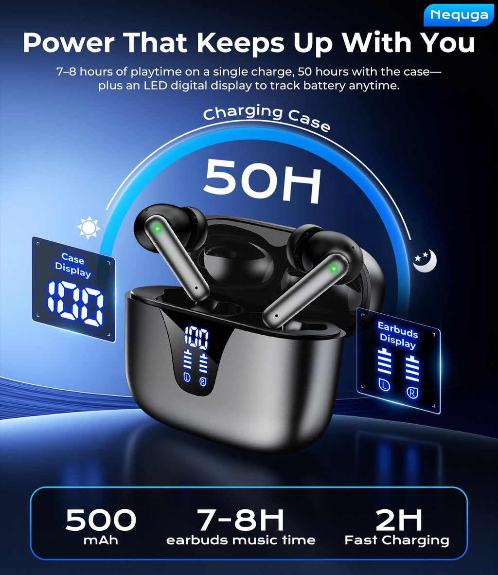 Wireless Earbuds Bluetooth Headphones, 50H Playtime Ear Buds with Mic, LED Digital Display Charging Case, IPX7
