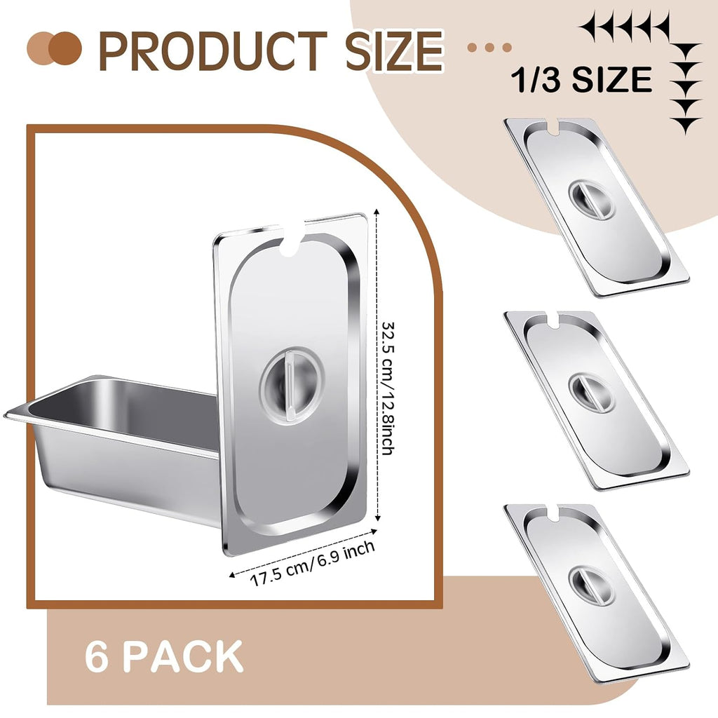 6 Pack 1/3 Steam Table Pan Covers Stainless Steel Hotel Pan Lid with Handle Catering Food Pan Cover Slotted Notched