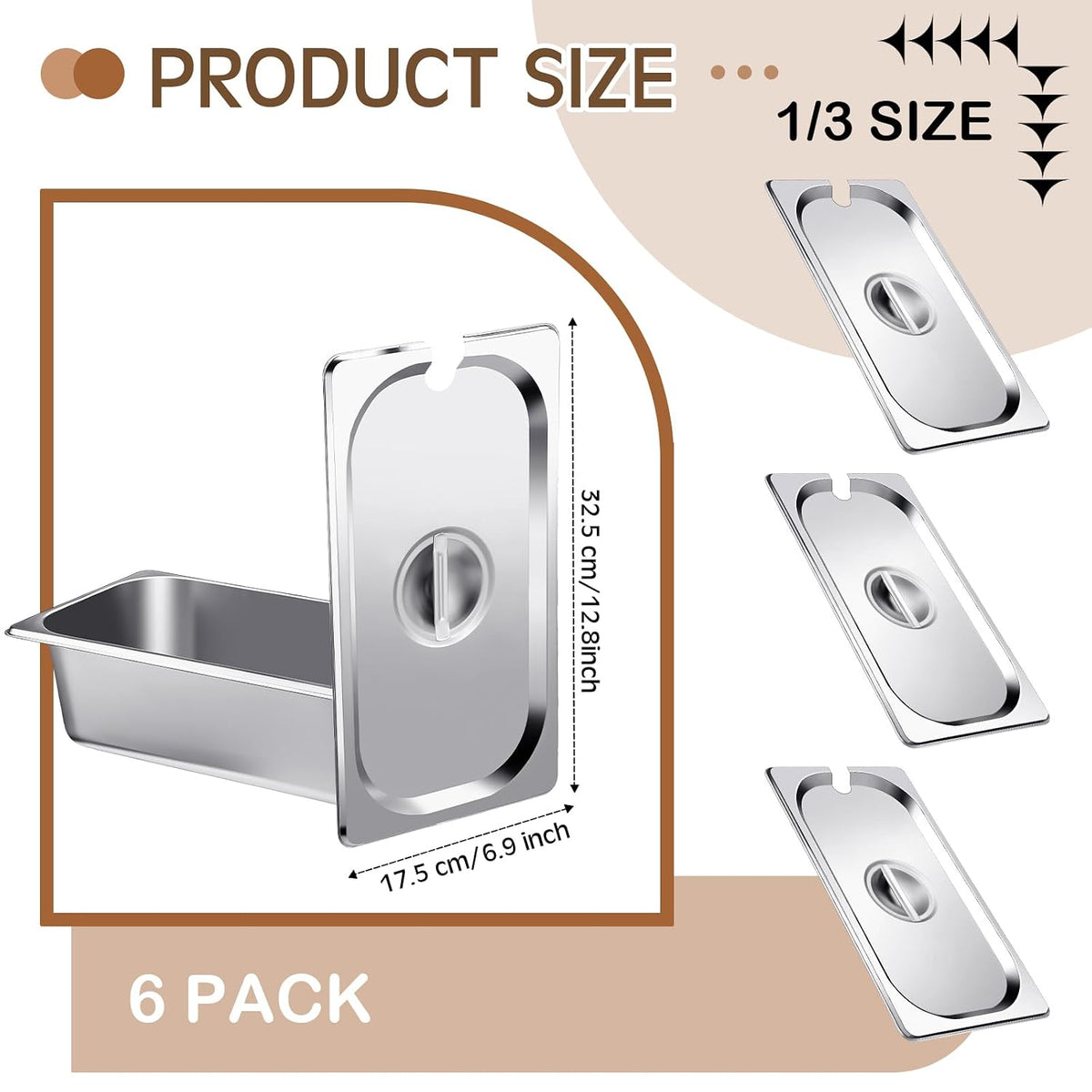 6 Pack 1/3 Steam Table Pan Covers Stainless Steel Hotel Pan Lid with Handle Catering Food Pan Cover Slotted Notched
