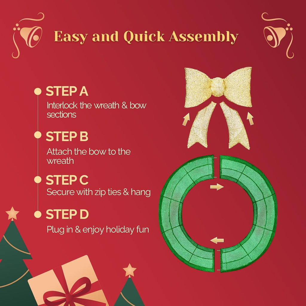 24in Pre Lit Christmas Wreath for Front Door Mantel & Stair Railing with Lights Indoor Outdoor Doorway Decor