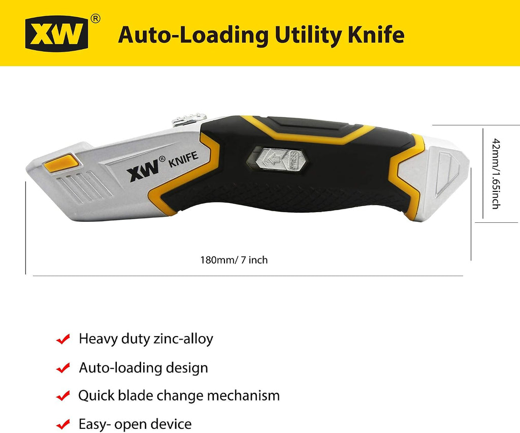 Auto Loading Utility Knife, 3-Position Retractable Box Cutter with 5 Pre-loaded Blades, Bonus 10 Blades Included