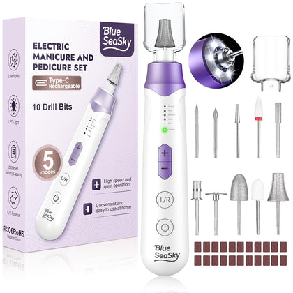 Professional Electric Nail Drill 2000mAH Portable Cordless Electric Nail File 10 in 1 Manicure Pedicure Kit ,5-Speeds