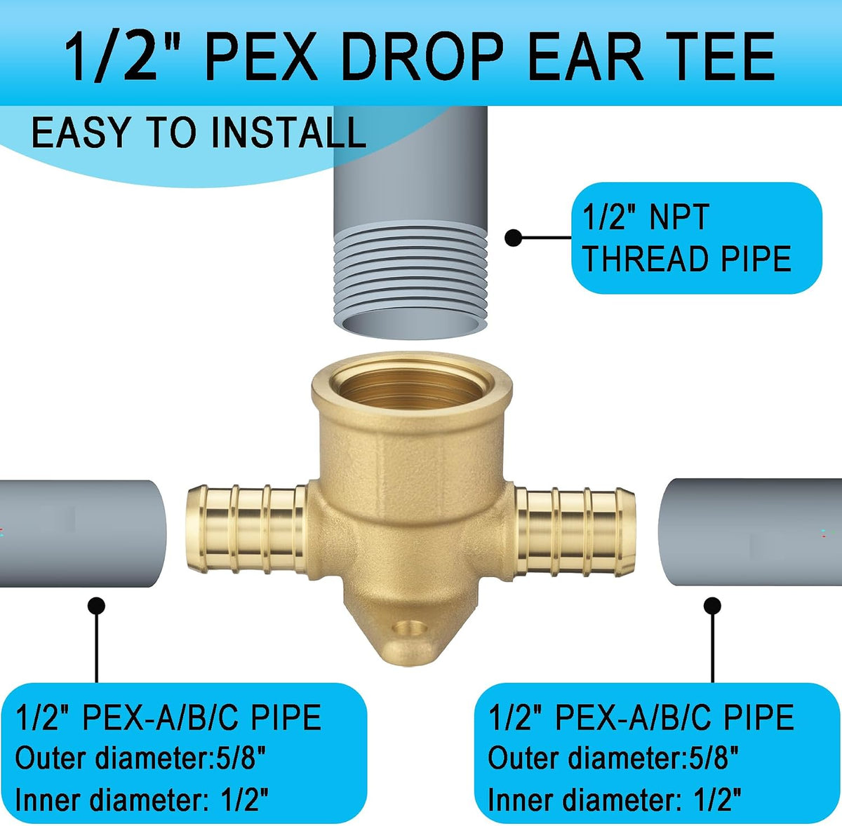 (15 Pack) Asterbacks 1/2 PEX Drop Ear Tee for PEX-A/B/C Pipe