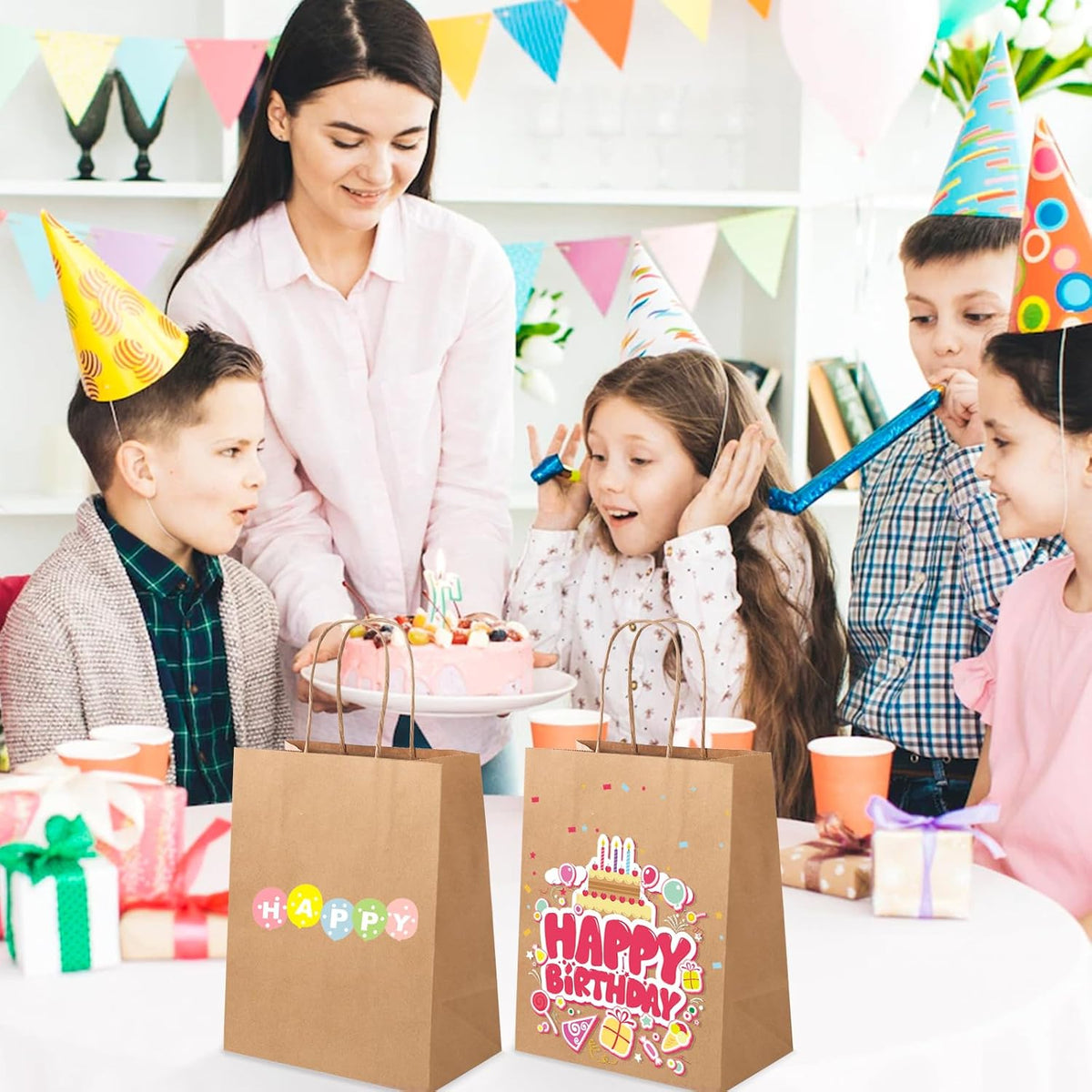 Brown Paper Bags with Handles, 100Pcs 8x4.5x10In Kraft Paper Bag