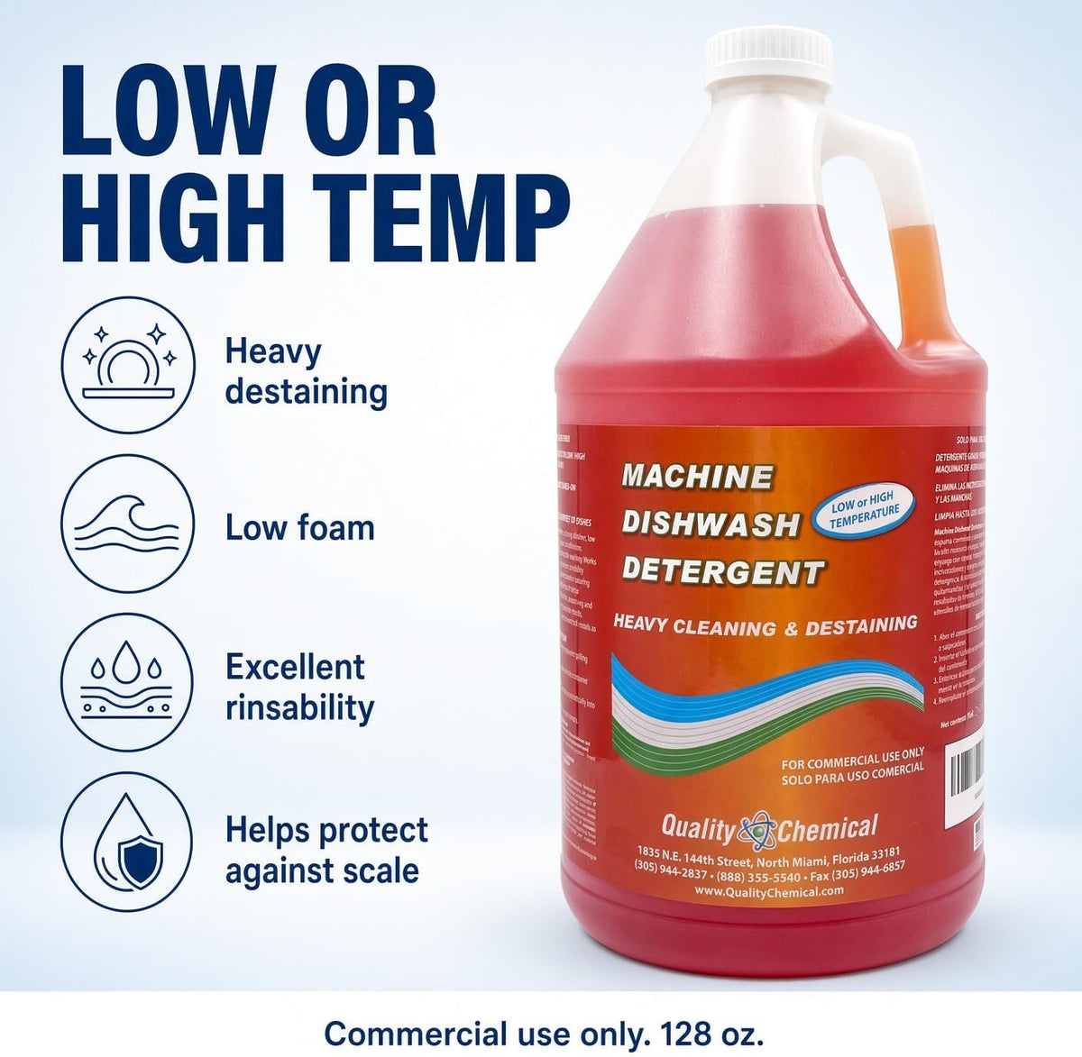 Machine Dishwash Detergent – Low or High Temp Commercial Dishwasher Detergent, Heavy Cleaning and Destaining – 128 oz