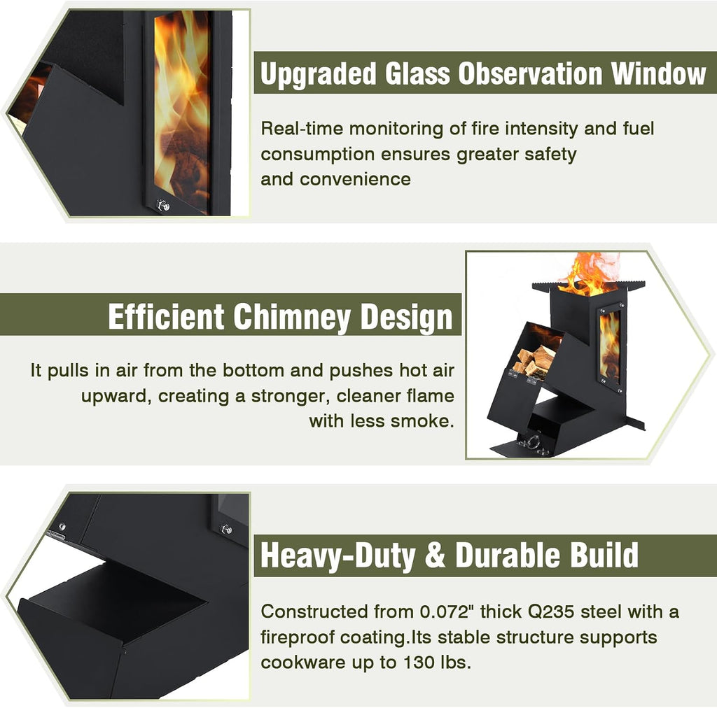 Rocket Stove with Glass Window, Portable Wood Burning Stove for Outdoor Cooking, Heavy Duty Camping Grill, Backyard