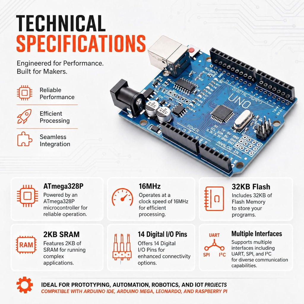 Arduino UNO R3 Board, ATmega328P, 16MHz, USB Cable