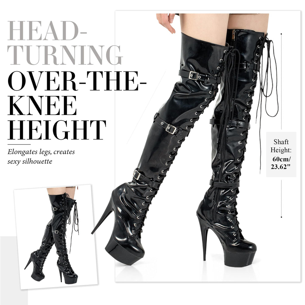 Women's Over The Knee Thigh High Heel Boots Platform Zip Buckle Lace Up Black US Size 9