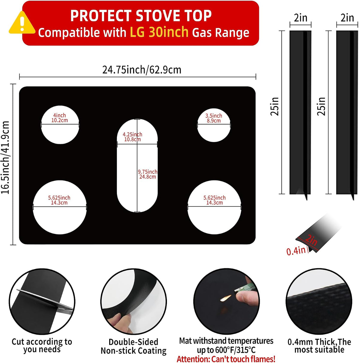 Reusable Stove Burner Top Cover for LG Gas Range, Model LGLDG4315 LRG4115 LRG4113 LDG4313, Non-Stick Washable Stove Top Cover Mat Protector, Gap Filler for Range Side Guard