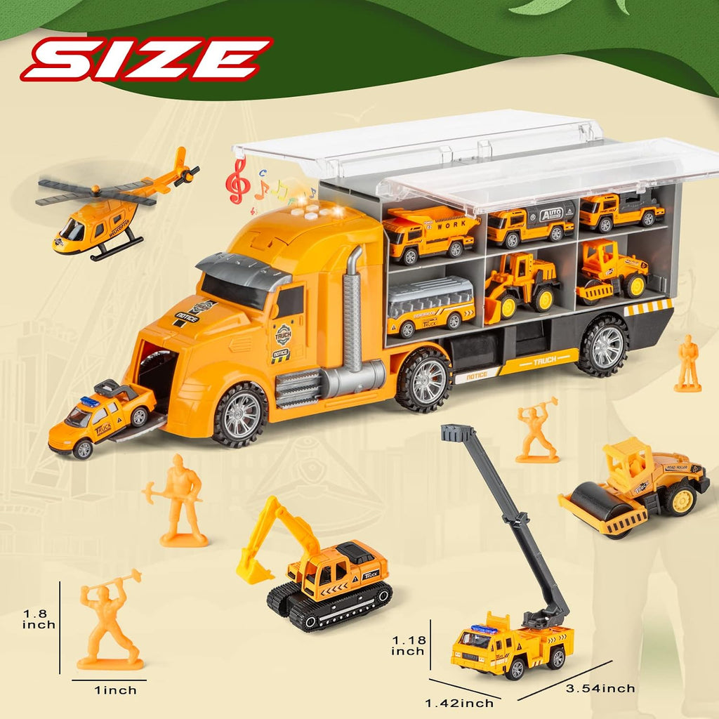 25 in 1 Die-cast Pull Back Construction Truck Vehicle Toys for 3-7Year Old Boy, Sounds and Lights in Large Carrier