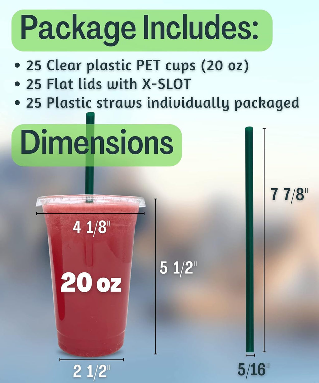 20 oz Clear Plastic Cups with Lids and STRAWS, Disposable Drinking Cups for Cold Drinks, Iced Coffee, Milkshakes