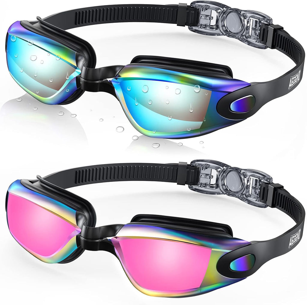 Swim Goggles 2 Pack for Adult Men Women No Leak with Storage Case | Anti-Fog UV Protection Mirrored Swim Glasses