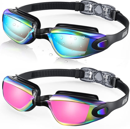 Swim Goggles 2 Pack for Adult Men Women No Leak with Storage Case | Anti-Fog UV Protection Mirrored Swim Glasses
