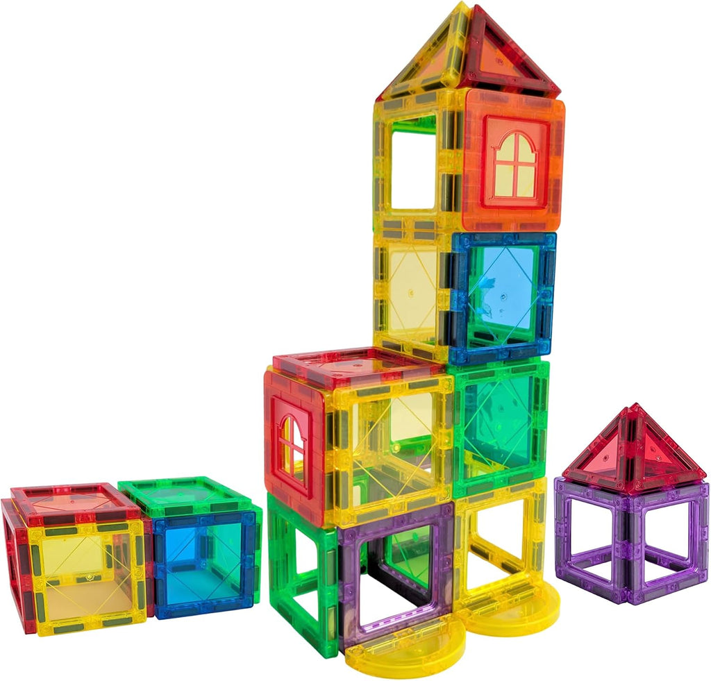 104 Magnetic Tiles Building Blocks Set for Kids + Bonus Connectors & Figurine | STEM Educational Magnetic Building