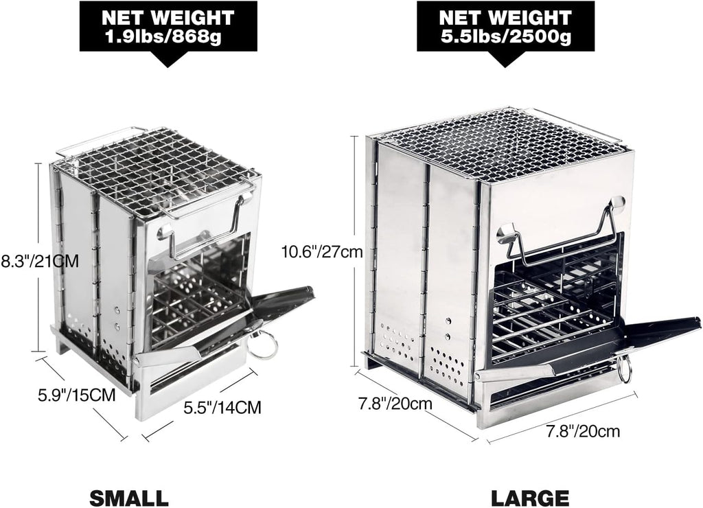 Wood Burning Folding Camp Stove Stainless Steel Grid, Portable Collapsible Backpacking Stove Survival Rocket Stove