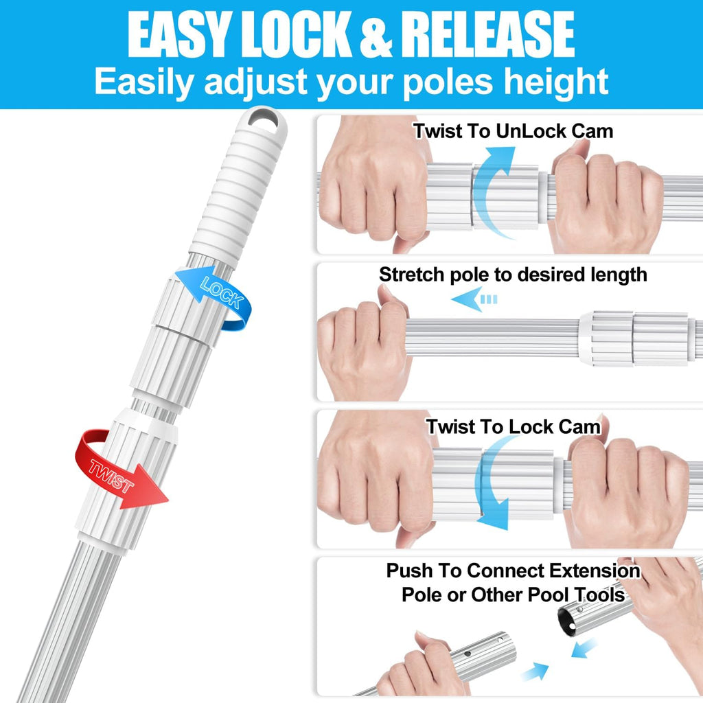 Professional 15 Foot Swimming Pool Pole Telescopic Aluminum Fits Pool Net Skimmer Rake Vacuum Head Brush Cleaning