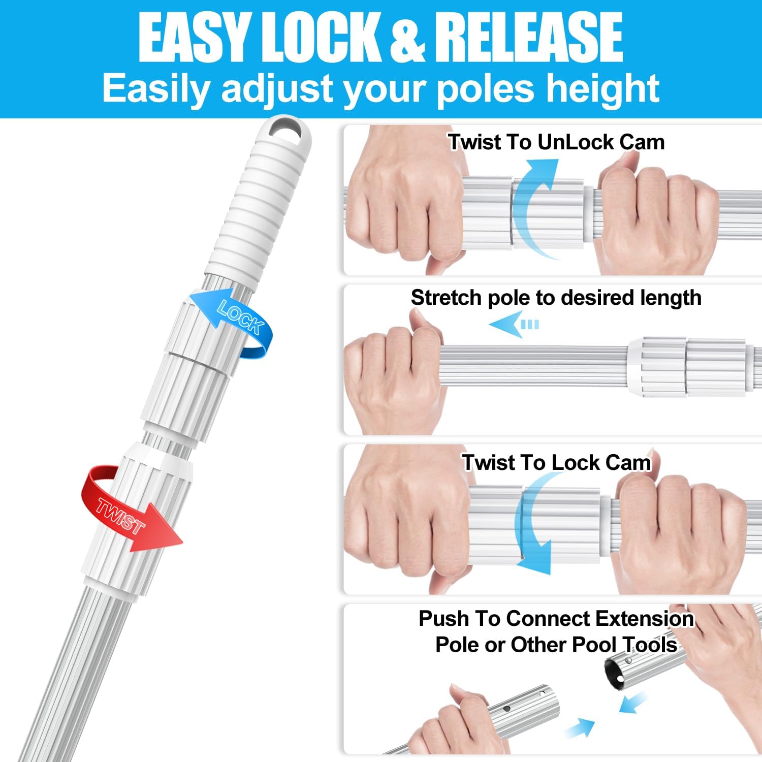 Professional 15 Foot Swimming Pool Pole Telescopic Aluminum Fits Pool Net Skimmer Rake Vacuum Head Brush Cleaning