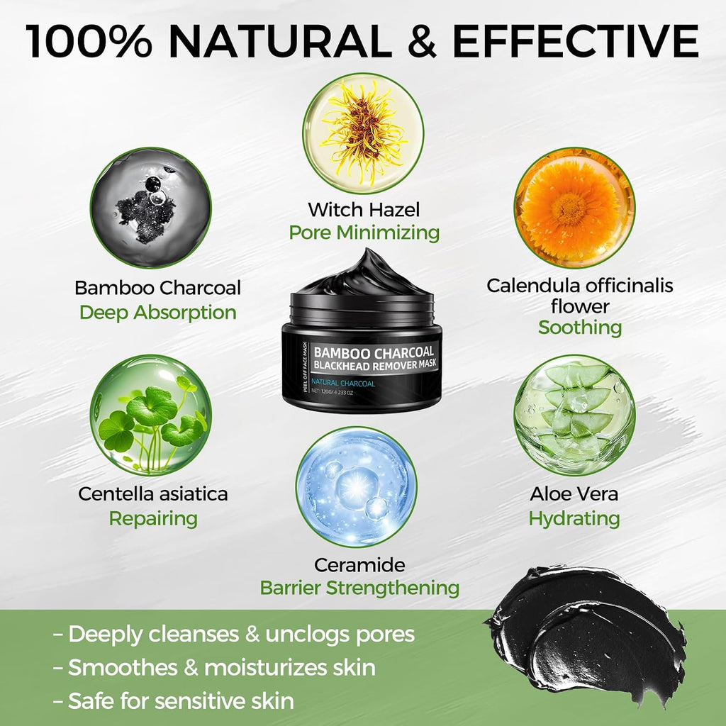 Peel Off Face Mask, Blackhead Remover for Face & Nose, Bamboo Charcoal for Deep Cleaning, Reducing Oil, Smoothing