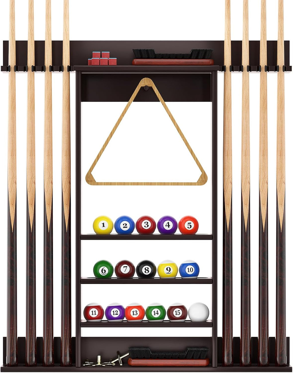 Bamboo Pool Cue Rack Wall Mounted, Billiards Sticks Holder for 8 Cues | Organizes Full Set of Balls and Pool Table