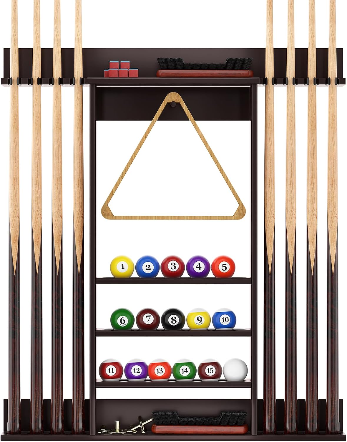 Bamboo Pool Cue Rack Wall Mounted, Billiards Sticks Holder for 8 Cues | Organizes Full Set of Balls and Pool Table